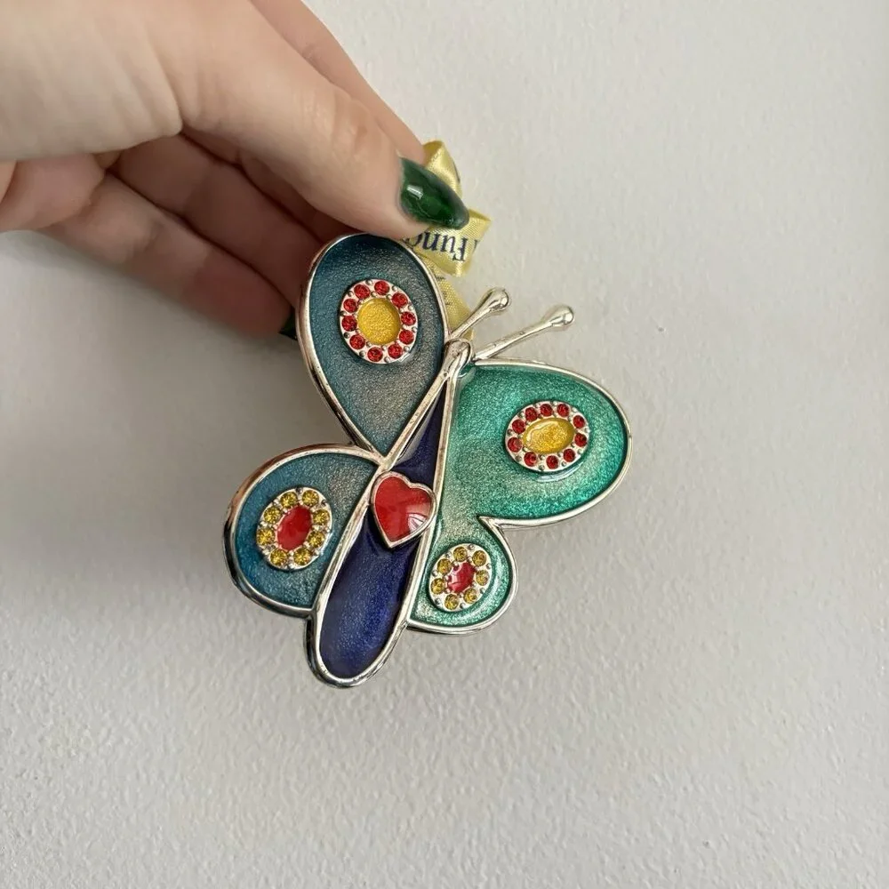 Vintage Butterfly Ornament Childrens Cancer‎ Research Rhinestone Blue Green Y2K